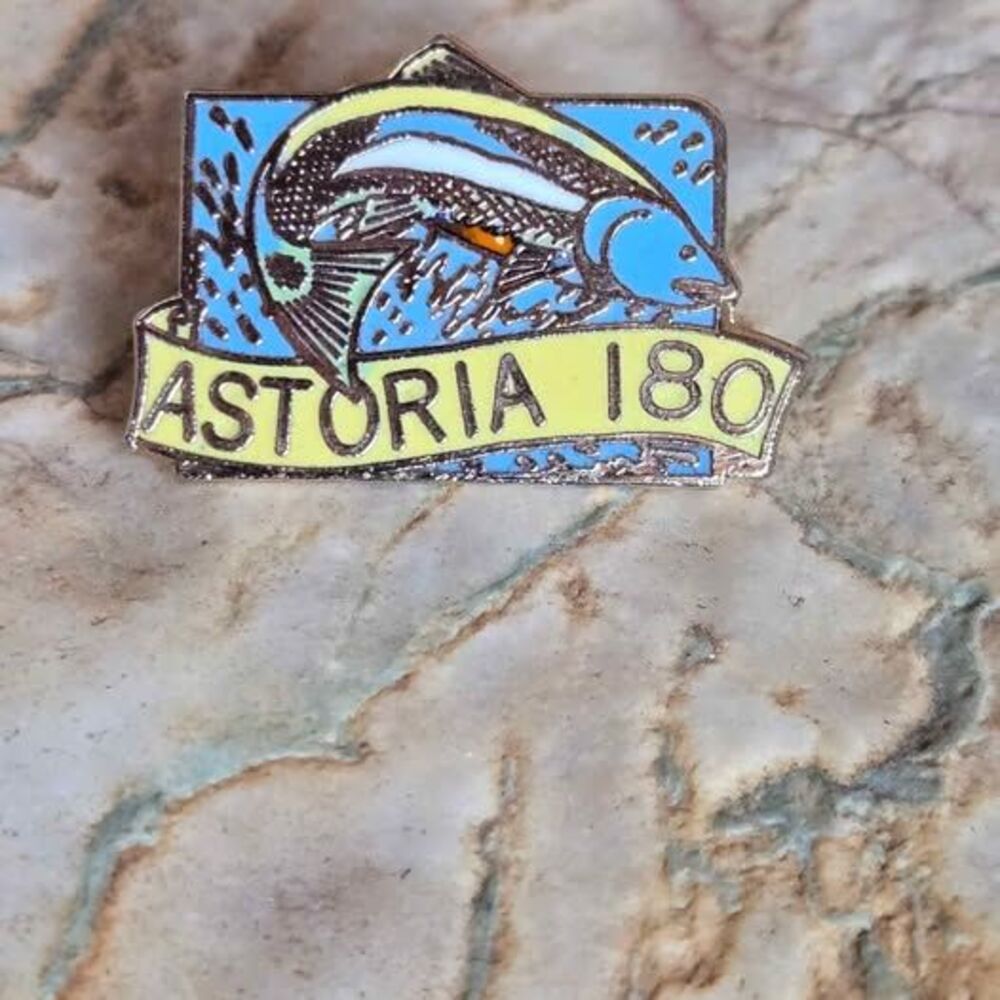 Vintage Astoria 180 Salmon Enamel Lapel Pin Oregon Fishing Souvenir Brooch